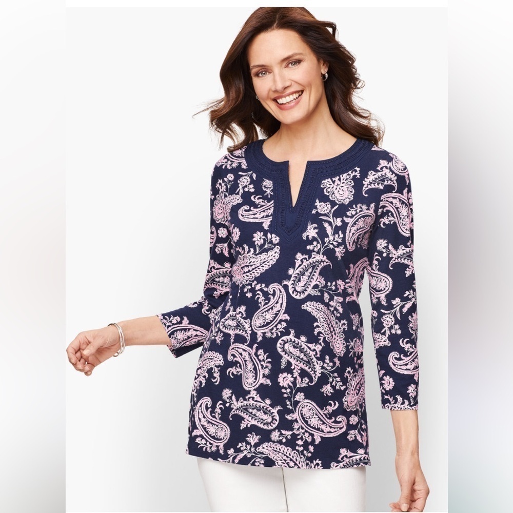 Talbots paisley print tunic top slit neck 3/4 sleeves 1X